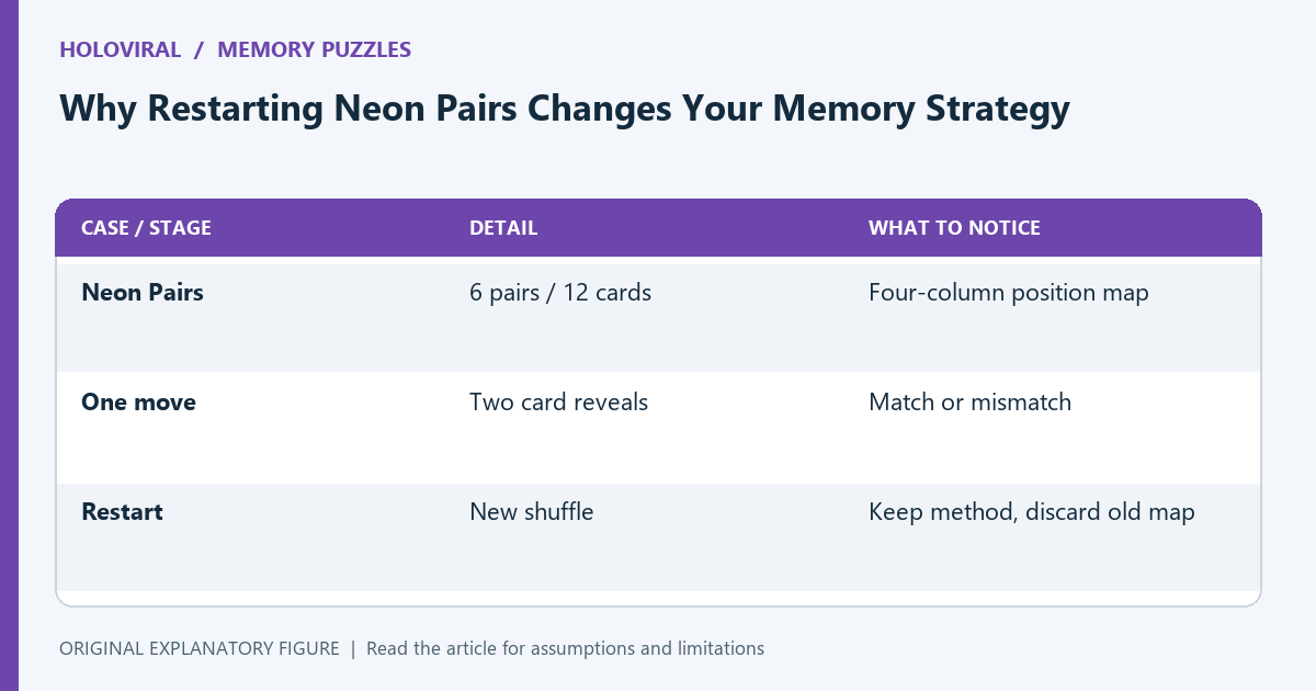 The local Neon Pairs rules count two reveals as one move and reshuffle the positions on restart.